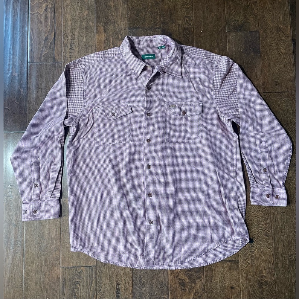 ORVIS Button Down Shirt Mens XL Burgundy Houndstooth Plaid 100% Cotton